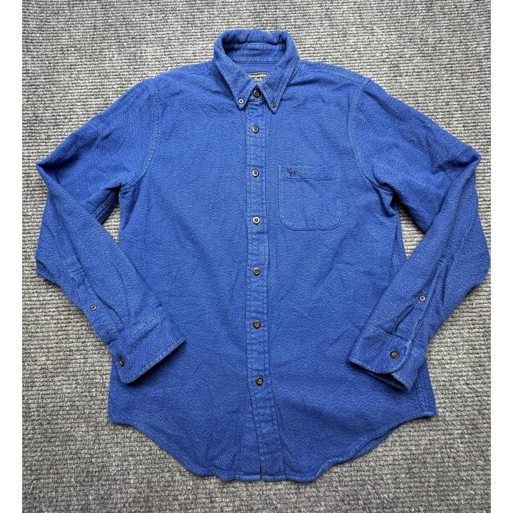 Abercrombie & Fitch Shirt Mens Medium‎ Blue Herringbone Flannel Button Down - Picture 2 of 8